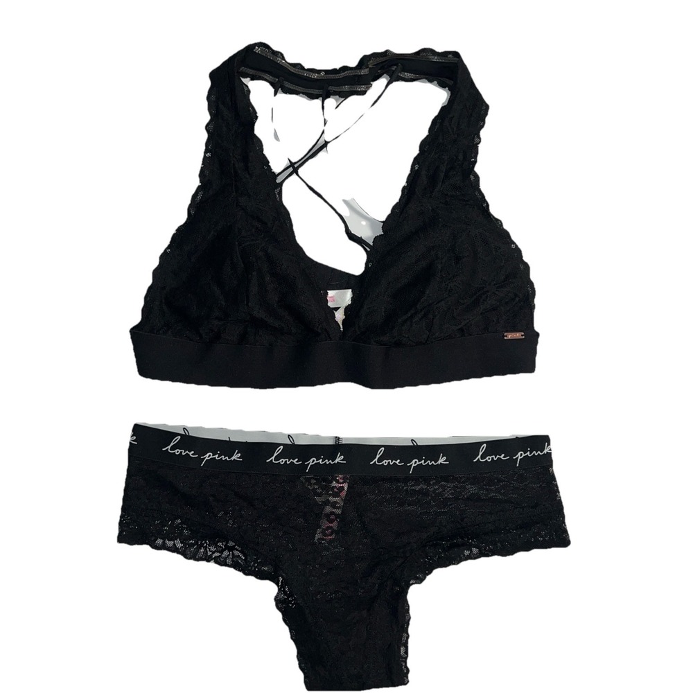 Victoria Secret PINK Blk Set Lg‎ Bralette W/ Sheer Lace Cheekster Med Panty -New